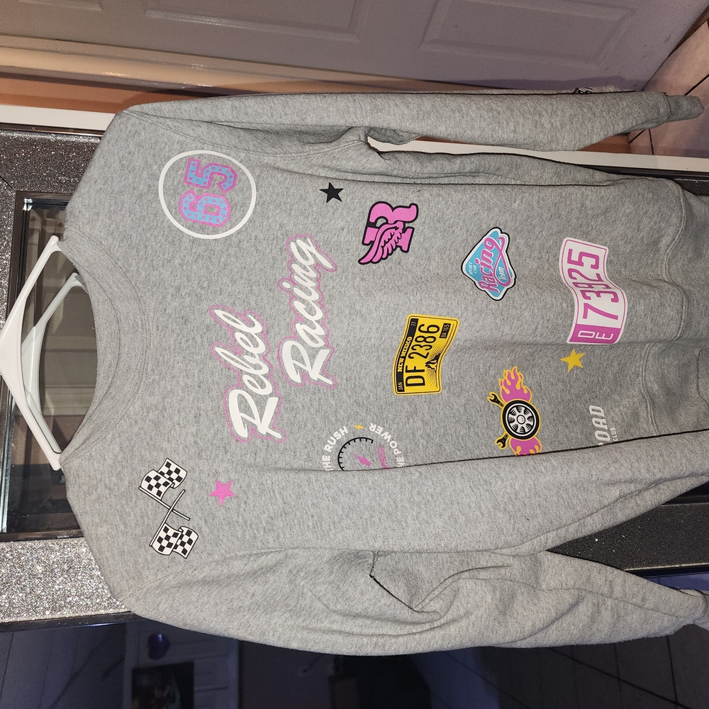Gray Rebel Racing Sweatshirt with Colorful Patches